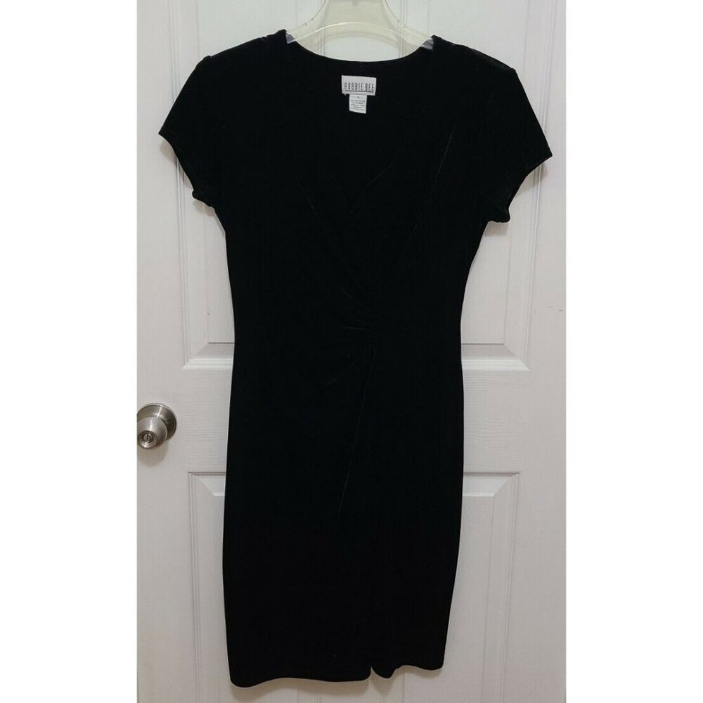 Robbie Bee 90s Women's Short Sleeve V Neck Ruched Front Dress Black Velvet Sz 10